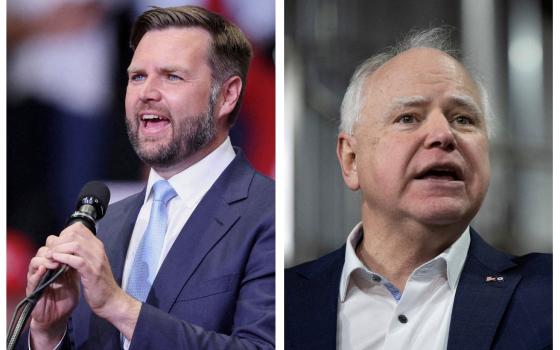 A combination photo shows Republican vice presidential nominee U.S. Sen. JD Vance of Ohio speaking during a rally in Grand Rapids, Michigan, July 20, 2024, and Minnesota Gov. Tim Walz, the Democratic vice presidential nominee, speaking inside the Earth Rider Brewery in Superior, Wisconsin, Jan. 25, 2024. (OSV News/Reuters/Tom Brenner)