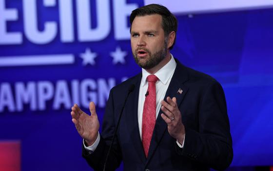 Republican vice presidential nominee Sen. JD Vance of Ohio, gestures during his first and only debate with Minnesota Gov. Tim Walz, the Democratic vice presidential nominee, at the CBS Broadcast Center in New York City Oct. 1, 2024. (OSV News/Reuters/Mike Segar)