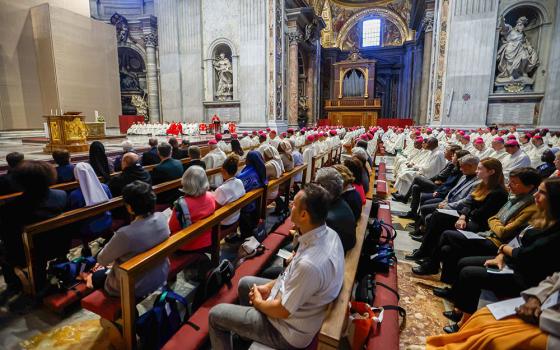 Cardinal Mario Grech, secretary-general of the synod, delivers his homily during Mass with synod participants at the Altar of the Chair in St. Peter's Basilica at the Vatican Oct. 21. (CNS/Lola Gomez)