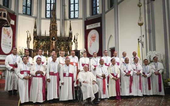 Two rows of cardinals stand in front of altar and behind Pope Francis, seated in wheelchair.