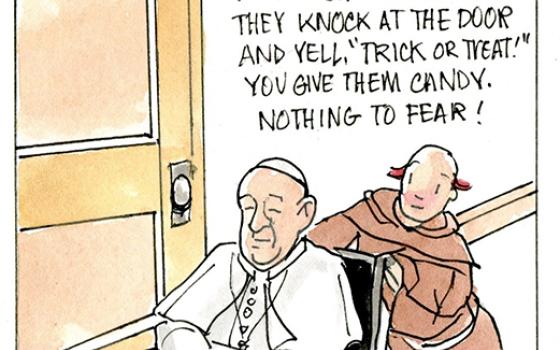 Francis, the comic strip: On Halloween, Francis and Brother Leo are spooked by a knock on the door. 