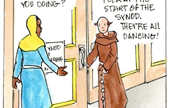 Francis, the comic strip: Brother Leo and Gabby take a peek inside the synod hall.