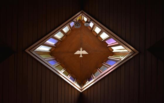 A dove on the ceiling surrounded by stained glass (Unsplash/Josh Eckstein)