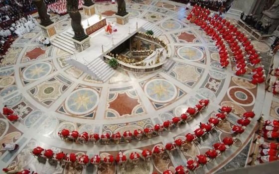 Cardinals attend a final Mass before the start of the conclave on April 18, 2005, in Vatican City. On  April 19, 2005, Cardinal Joseph Ratzinger was elected the 265th Pontiff of the Roman Catholic Church, selecting the name Benedict XVI. (The Conversation/Getty Images/Mimmo Chianura, pool) 