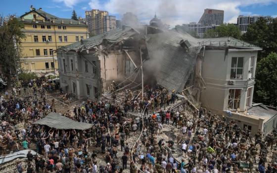 Rescuers work at Okhmatdyt Children's Hospital in Kyiv, Ukraine's capital, July 8, after it was severely damaged during Russian missile strikes. At least 31 were killed and over 135 injured as Russian bombers pummeled Kyiv and other Ukrainian cities that day with more than 40 missiles and guided aerial bombs. (OSV News/Reuters/Oleksandr Ratushniakters)