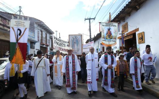 Clergy and other worshippers take part in a march demanding peace in San Cristobal de Las Casas, in the southern state of Chiapas, Mexico, Nov. 3, after the Oct. 20  murder of Fr. Marcelo Pérez. (OSV News/Reuters/Gabriela Sanabria)