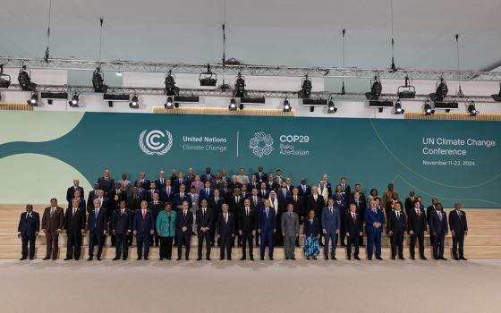 World leaders, including Cardinal Pietro Parolin, Vatican secretary of state, who is standing in the middle of the penultimate row, attend the opening ceremony of the COP29 Leaders Climate Action Summit, Nov. 12 in Baku, Azerbaijan. (CNS/Courtesy of UN Climate Change/Kiara Worth)