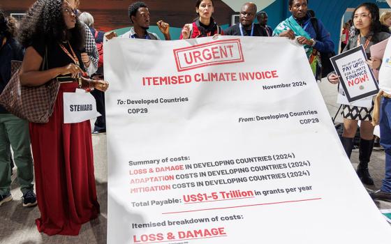 Climate activists demonstrate inside Baku Stadium at the United Nations climate change conference, COP29, on Nov. 16. A major focus is a new climate finance target, with developing nations calling on developed nations to deliver trillions of dollars in the next decade. (UN Climate Change/Habib Samadov)