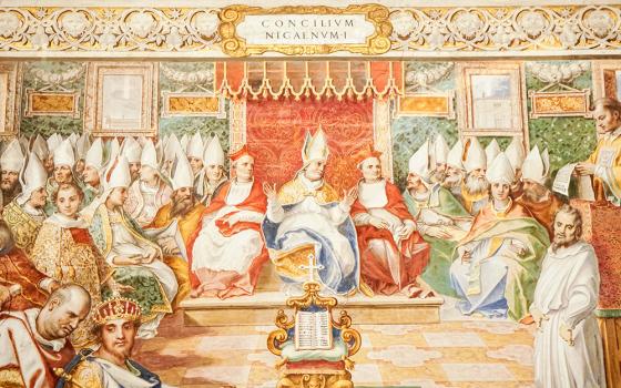 A wall fresco depicting the First Council of Nicaea can be seen in this photo taken in the Sistine hall of the Vatican Library July 19, 2023. The council was held in 325 and its 1700th anniversary will coincide with the Holy Year 2025. (CNS/Carol Glatz)