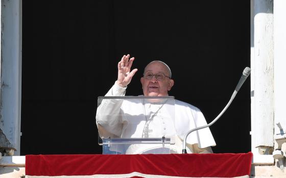 The pope waves from window. 