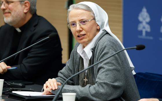 Consolata Missionary Sr. Simona Brambilla was appointed prefect of the Dicastery for Institutes of Consecrated Life and Societies of Apostolic Life, on Jan. 6. She is pictured here speaking at a news conference at the Vatican March 14, 2024, about study groups authorized by Pope Francis to examine issues raised at the synod on synodality. (CNS/Lola Gomez)