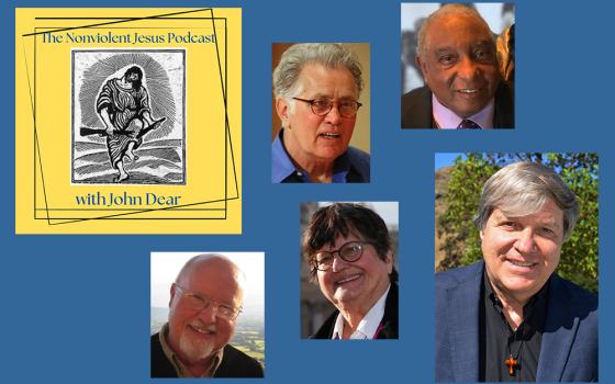 Photos, clockwise from top center: Martin Sheen (CNS/Bob Roller); Bernard Lafayette (Wikimedia Commons); John Dear (Courtesy of John Dear); St. Joseph Sr. Helen Prejean (CNS/Paul Haring); Franciscan Fr. Richard Rohr (CNS/Courtesy of Franciscan Media)