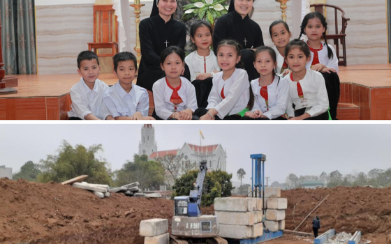 At top, Sr. Ngan Nguyen, left, and Sr. Mung Nguyen, right, with children at Muong Cat Church in August 2024; at bottom,  construction of a girls’ dormitory by the Lovers of the Holy Cross is pictured March 10 in the Lac Son district of Hoa Binh province of Hanoi, Vietnam. (Top photo courtesy of Sr. Mung Nguyen; bottom photo by Mung Nguyen)