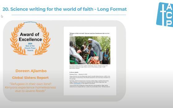 Doreen Ajiambo, GSR's Africa regional correspondent, won an Associated Church Press award of excellence for her reporting on floods in Kenya causing homelessness and ultimately refugees in their own country. Ajiambo was among a few Associated Church Press recipients at GSR and NCR. (GSR screenshot)