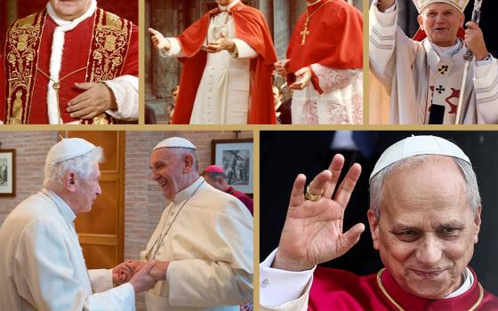Top row, from left: Pope John XXIII (OSV News/Catholic Press Photo); Pope Paul VI and Archbishop Albino Luciani, the future Pope John Paul I, in 1972 (CNS); Pope John Paul II in 1978 (CNS/L'Osservatore Romano/Arturo Mari). Bottom row, from left: Pope Emeritus Benedict XVI and Pope Francis in 2016 (CNS/L'Osservatore Romano, handout); Pope Leo XIV on May 20, 2025 (OSV News/Reuters/Yara Nardi).