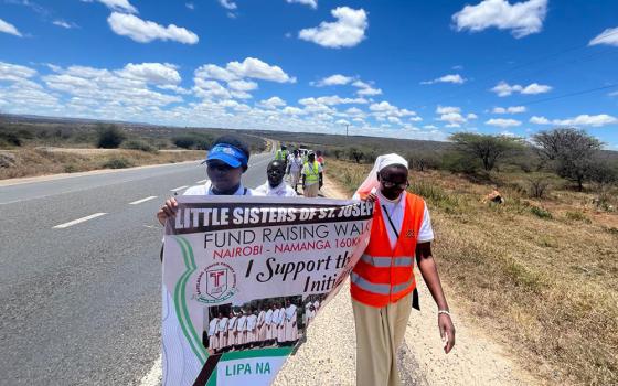 Little Sisters of St. Joseph on their five-day, 160-km fundraising walk from Holy Family Basilica, Nairobi, to Savelberg Primary School in Namanga, Kenya in 2024. Their goal was to raise enough money to build new classrooms and a borehole for their day school. (Courtesy of Sr. Julian Simba)