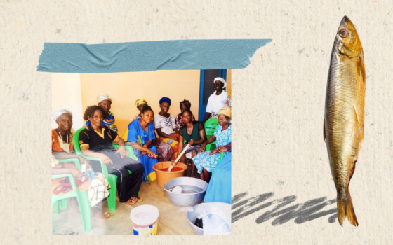 Inset: Sr. Gabriel Nonaah, the founder of the St. Monica Widows Association, teaches a group of widows how to brew pito, a local Ghanaian drink. (GSR graphic/Olivia Bardo; photo of women courtesy of St. Monica Widows Association)