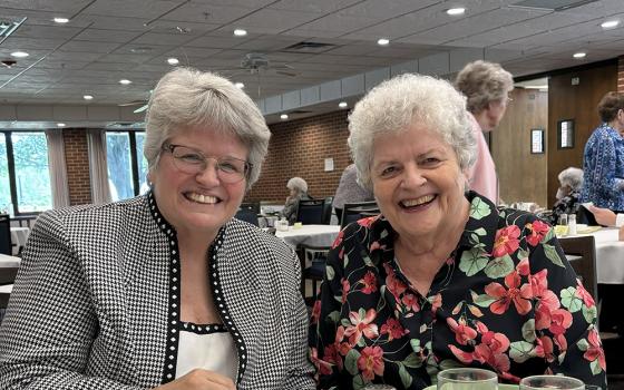 Benedictine Srs. Lynn McKenzie, left, and Esther Fangman right, during McKenzie’s last visit to Fangman’s monastery in Atchison, Kansas, in her official role as president of the Congregation of St. Scholastica, in 2025. Fangman died Aug. 11. (Courtesy of Lynn McKenzie)