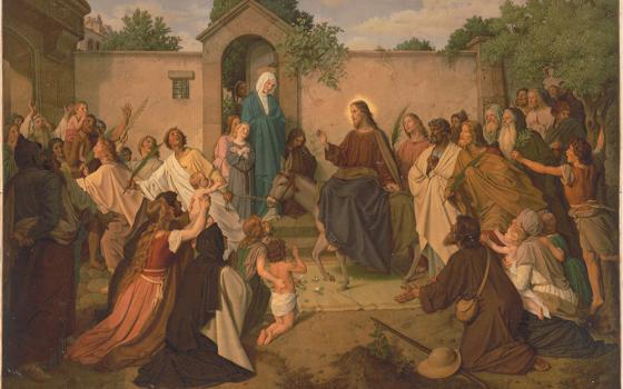 "Jesus Christ riding into village on donkey to both fear and adoration" by Anonymous, 1890 (Artvee)