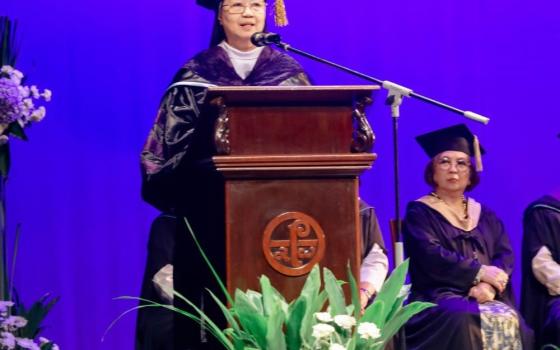 Sr. Rosario Obiniana speaks during her investiture as the 21st president of St. Scholastica's College, Manila, Philippines, on Sept. 12, 2024. Before assuming the presidency she headed St. Scholastica's College in Tacloban, a city in Central Philippines. (Courtesy of St. Scholastica's College Manila) 