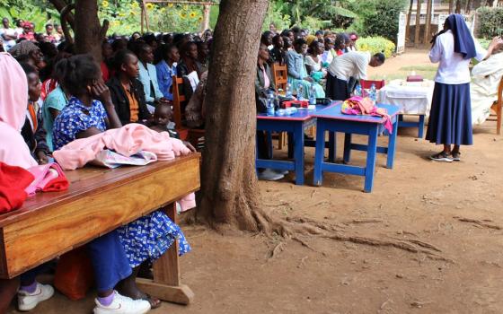 Sr. Lucy Kanjira leads a peer group training on gender-based violence in Meru, Kenya. Kanjira told GSR that they called a meeting for teenage mothers in the area. "To our dismay, 118 teenage mothers turned up in the first meeting. At each subsequent meeting, we welcome over 50 new faces. The most recent meeting last month had 459 teenage mothers." (Courtesy of Doreen Mukami)