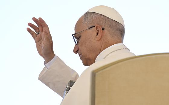 Pope Leo XIV gives his blessing at the end of an audience for the Jubilee of Migrants and the Jubilee of the Missions Oct. 4, 2025, in St. Peter's Square at the Vatican. (CNS/Vatican Media)