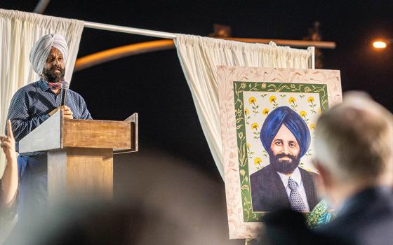 Rana Singh Sodhi speaks during the 20th anniversary memorial for his brother Balbir, Sept. 15 in Mesa, Arizona. Balbir Singh Sodhi was murdered in a hate crime killing days after the attacks on Sept. 11, 2001. (Lee Media, Courtesy the Sikh Coalition)