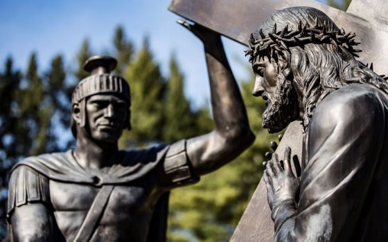 A life-size station in the Stations of the Cross is seen on the grounds of the National Shrine of the Divine Mercy in Stockbridge, Mass., in this Jan. 30, 2020, file photo. (CNS/Octavio Duran)