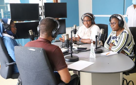 Sisters discuss human trafficking as they broadcast from Radio Maria Yatsani Voice 99.3 FM in Lusaka, Zambia. (Sr. Eucharia Madueke)