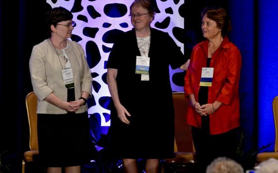 Sr. Jayne Helmlinger (center), a Sister of St. Joseph of Orange, began her term as president of the Leadership Conference of Women Religious at the group's 2019 assembly in Scottsdale, Arizona. (GSR photo/Dan Stockman)