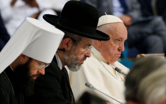 Pope Francis attends the reading of a final declaration during the conclusion of the Congress of Leaders of World and Traditional Religions at the Palace of Peace and Reconciliation in Nur-Sultan, Kazakhstan, Sept. 15. 