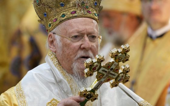 In this Sunday, Aug. 22, 2021 photo, Ecumenical Patriarch Bartholomew I, the spiritual leader of the world's Orthodox Christians, leads a Mass at the St. Sofia Cathedral in Kyiv, Ukraine. (AP Photo/Efrem Lukatsky)