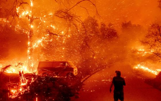 Bruce McDougal watches embers fly over his property as the Bond Fire burns through the Silverado community in Orange County, California, on Dec. 3, 2020. (AP/Noah Berger)