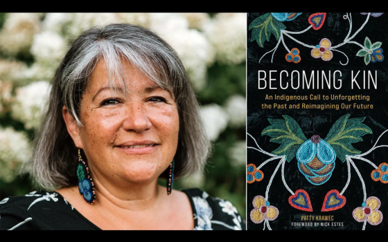 Author Patty Krawec and the cover of "Becoming Kin: An Indigenous Call to Unforgetting the Past and Reimagining Our Future." (RNS/Courtesy images)