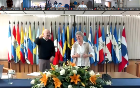 The two moderators of the virtual assembly for the Confederation of Latin American and Caribbean Religious, from left: Passionist Fr. Tarcisio Gaitán, and Sr. Daniela Cannavina, a Capuchin Sister of Mother Rubatto (GSR screenshot)