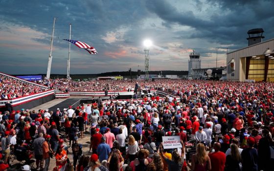 President Donald Trump speaks at a campaign rally at Cecil Airport in Jacksonville, Florida, Sept. 24. (CNS/Reuters/Tom Brenner)