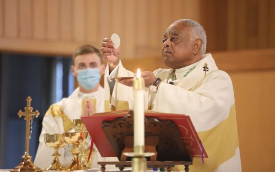 Then Cardinal-designate Wilton Gregory, the archbishop of Washington, celebrates Mass Oct. 25, 2020, at Holy Angels Church in Avenue, Maryland. (CNS/Catholic Standard/Andrew Biraj)