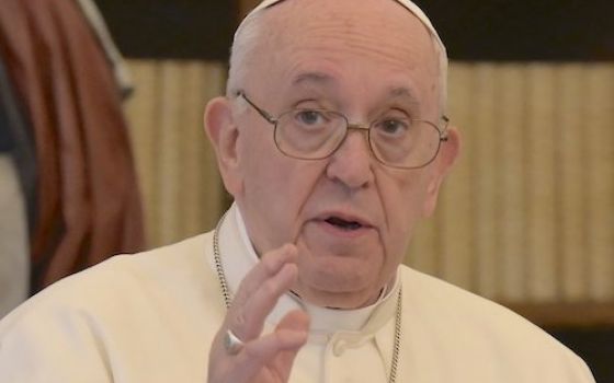 Pope Francis leads the recitation of the Angelus from the library of the Apostolic Palace at the Vatican Jan. 1, 2021. (CNS/Vatican Media)