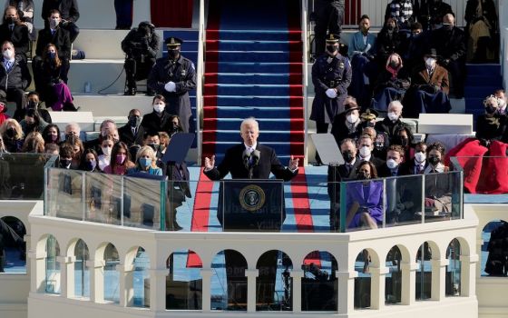 U.S. President Joe Biden speaks during his inauguration at the Capitol in Washington Jan. 20, 2021. (CNS/Reuters pool/Patrick Semansky)