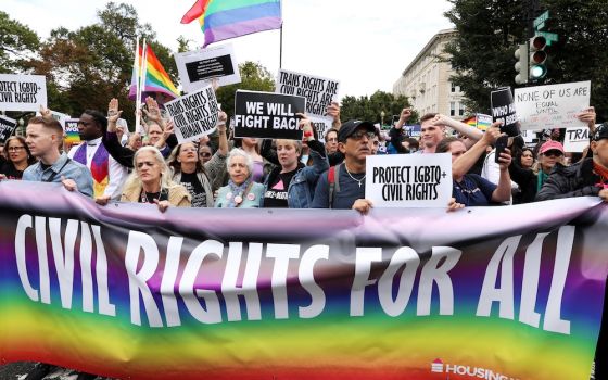 Activists and supporters block the street outside the U.S. Supreme Court in Washington Oct. 8, 2019. The court will hear oral arguments on Nov. 4, 2020, in a case pitting religious liberty against the a non-discrimination law protecting LGBTQ people. (CNS