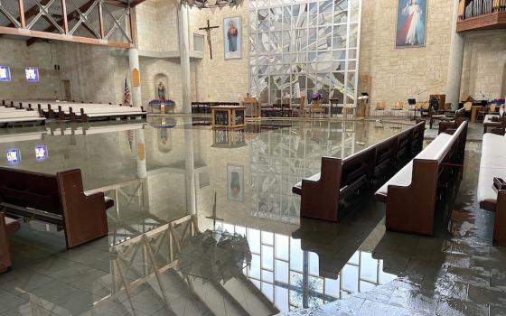 The sanctuary of St. Albert the Great Church in Austin, Texas, is seen Feb. 16, 2021. An overhead sprinkler burst during the historic winter storm that hit the state and dumped 10,000 gallons of water into the sanctuary. (CNS/Catholic Spirit/Fr. Charlie G