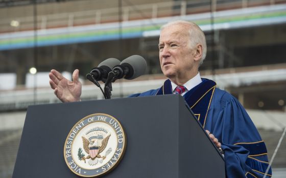 Joe Biden as U.S. vice president delivers an address after receiving the Laetare Medal during the University of Notre Dame's commencement ceremony May 15, 2016, at Notre Dame Stadium in Indiana. (CNS/University of Notre Dame/Barbara Johnston)