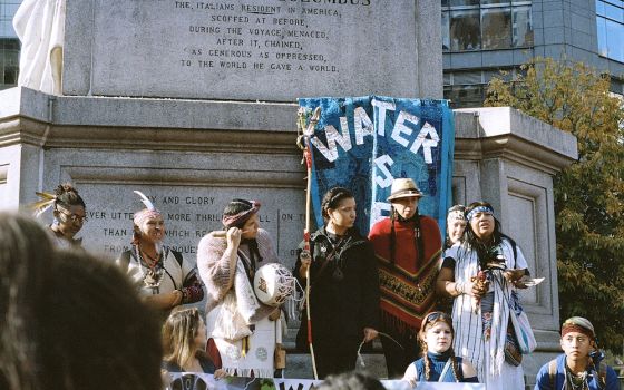 Native Americans lead a prayer for clean and safe air, water and land as well as the protection of their people Nov. 5, 2016, at Columbus Circle in NYC during a protest against the construction of the Dakota Access Pipeline. (CNS/Isabelle Baldwin)