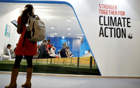 A woman watches an exhibition inside the venue of the U.N. climate change conference, or COP24, Dec. 8 in Katowice, Poland. (CNS/Reuters/Kacper Pempel)