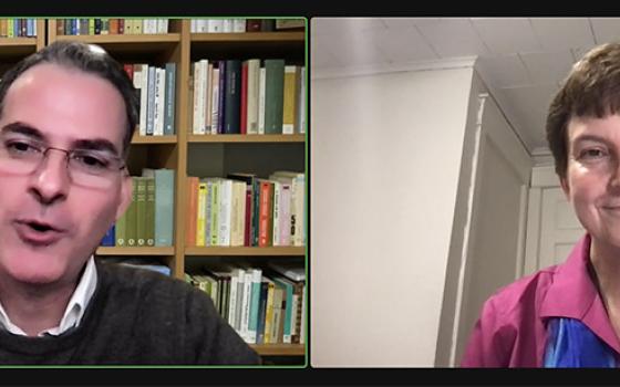 Boston College School of Theology and Ministry professor Rafael Luciani and Sacred Heart Sr. Maria Cimperman speak during a webinar on the synod on synodality Jan. 12, hosted by the Center for the Study of Consecrated Life. (GSR screenshot)