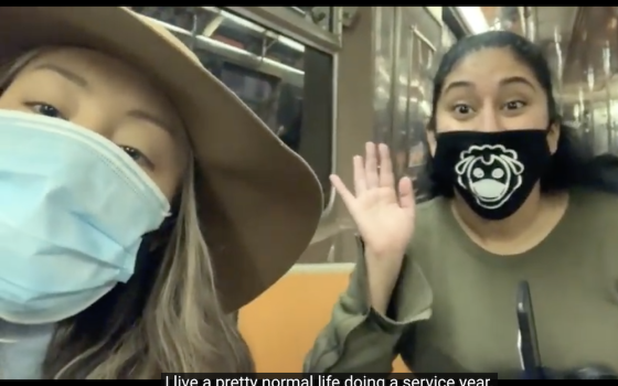 Celina, left, and one of her two Good Shepherd Volunteers community members, Elisabeth, on the subway in New York City where they volunteer. (NCR screenshot/Celina Kim Chapman)