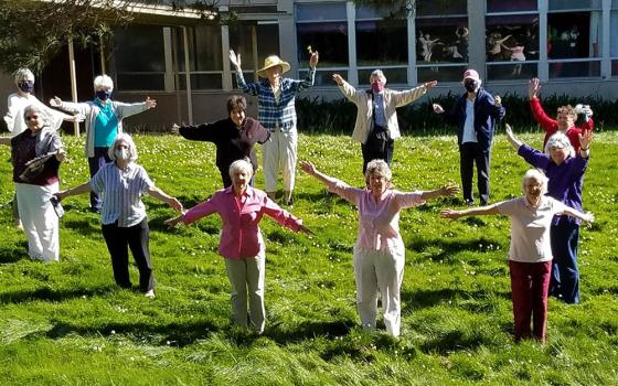 Sisters of Mercy of Burlingame, California, pose for a photo early in the pandemic as part of their congregation's campaign to get migrants out of detention, where they are especially vulnerable to COVID-19. (Courtesy of Sr. Deborah Watson)