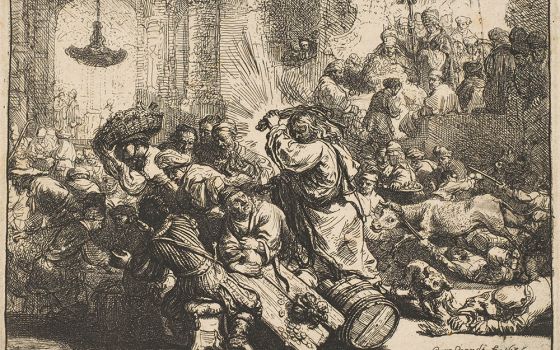 "Christ Driving the Money-Changers from the Temple," by Rembrandt van Rijn, a 1635 etching (Metropolitan Museum of Art)