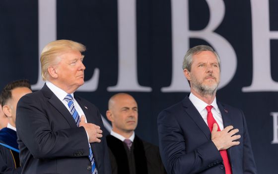 Then-President Donald Trump attends the Liberty University commencement ceremony, with Jerry Falwell Jr., May 13, 2017, in Lynchburg, Virginia. Trump gave a commencement speech to the graduating class. (Wikimedia Commons/White House photo/Shealah Craighea