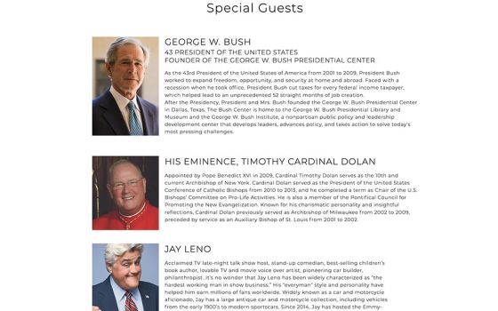 A guest list that includes former President George W. Bush, Cardinal Timothy Dolan and comedian Jay Leno is seen on the website for the Oct. 28-31 FOCUS Founder's Forum. (NCR screenshot)